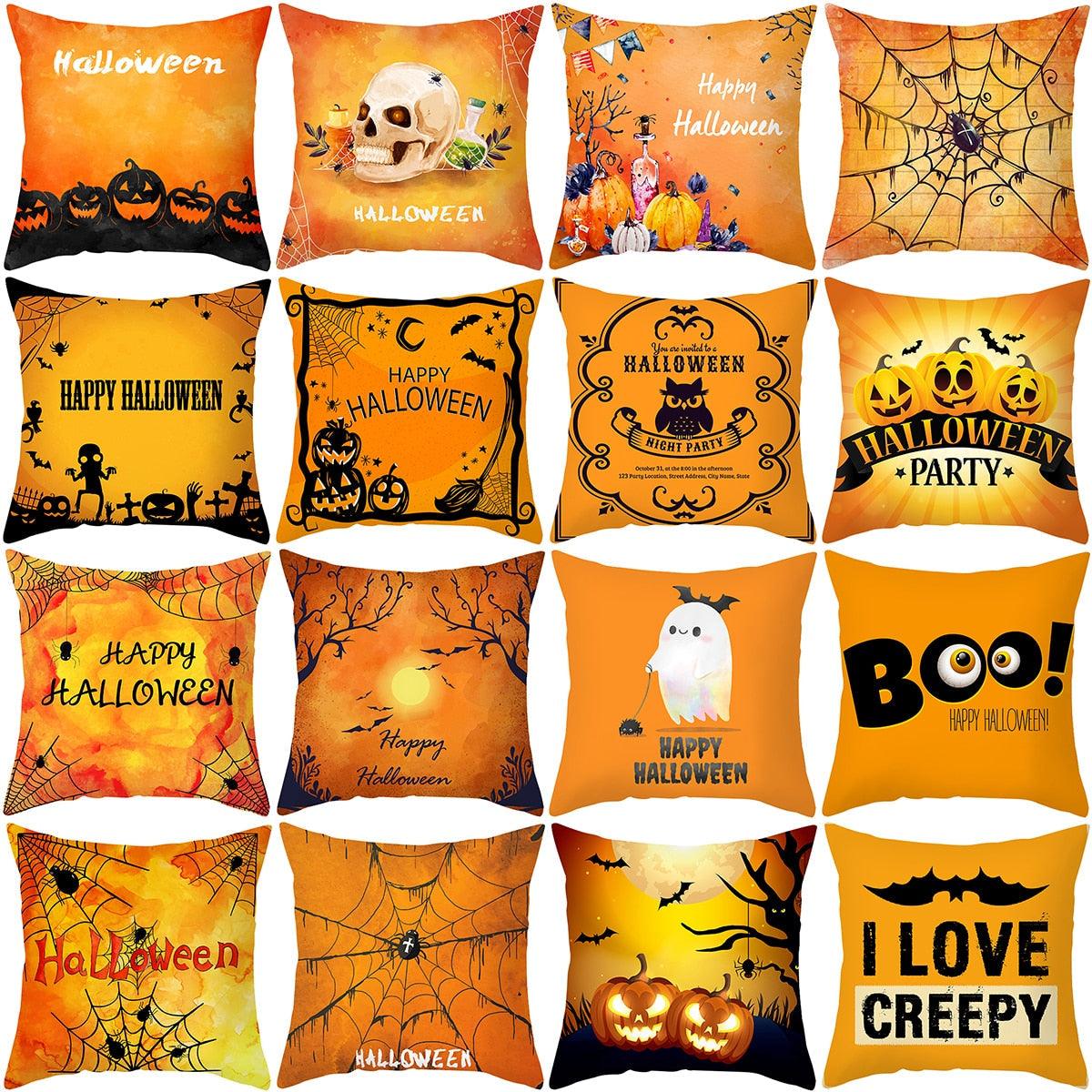 Halloween Cushion Cover Horror Pumpkin Printed Pillow Case Orange And Black Pillow Cover Pumpkin Farmhouse Deco Happy Halloween Decorative Pillow Case For Home 45x45CM