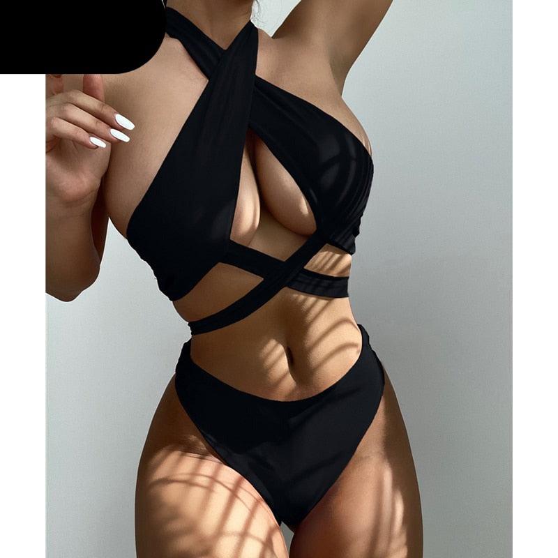 Halter Hollow Cross Bikinis Set Swimsuit Women's New Solid Two-Piece Swimwear Two Piece Swimsuit Halter Crisscross Cut Out Bikini Wrap Top with High Waist Bottom Beach Swimwear Summer Beachwear Woman Bath Bathing Suit