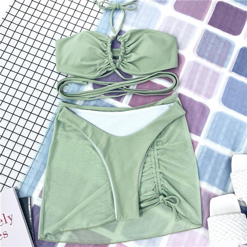 Halter Hollow Cross Bikinis Set Swimsuit Women's New Solid Two-Piece Swimwear Two Piece Swimsuit Halter Crisscross Cut Out Bikini Wrap Top with High Waist Bottom Beach Swimwear Summer Beachwear Woman Bath Bathing Suit