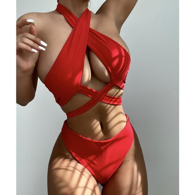 Halter Hollow Cross Bikinis Set Swimsuit Women's New Solid Two-Piece Swimwear Two Piece Swimsuit Halter Crisscross Cut Out Bikini Wrap Top with High Waist Bottom Beach Swimwear Summer Beachwear Woman Bath Bathing Suit
