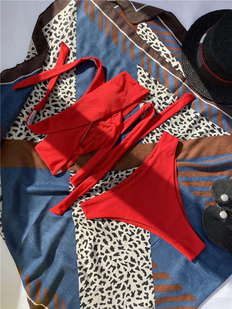 Halter Hollow Cross Bikinis Set Swimsuit Women's New Solid Two-Piece Swimwear Two Piece Swimsuit Halter Crisscross Cut Out Bikini Wrap Top with High Waist Bottom Beach Swimwear Summer Beachwear Woman Bath Bathing Suit
