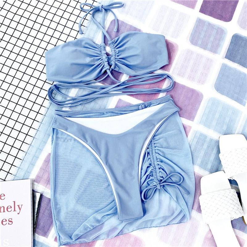 Halter Hollow Cross Bikinis Set Swimsuit Women's New Solid Two-Piece Swimwear Two Piece Swimsuit Halter Crisscross Cut Out Bikini Wrap Top with High Waist Bottom Beach Swimwear Summer Beachwear Woman Bath Bathing Suit