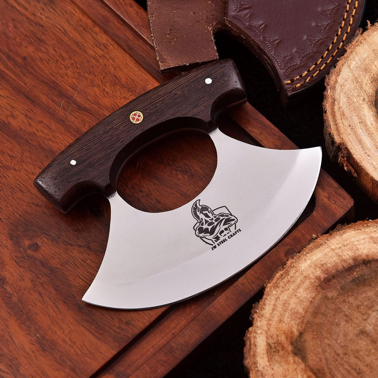 Handmade Stainless Steel Ulu Knife โ Wenge Wood Handle | 5.5โ Blade | Mosaic Pin | JW SteelCrafts