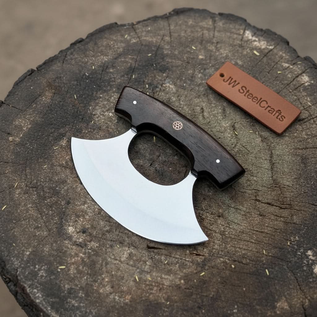 Handmade Stainless Steel Ulu Knife โ Wenge Wood Handle | 5.5โ Blade | Mosaic Pin | JW SteelCrafts