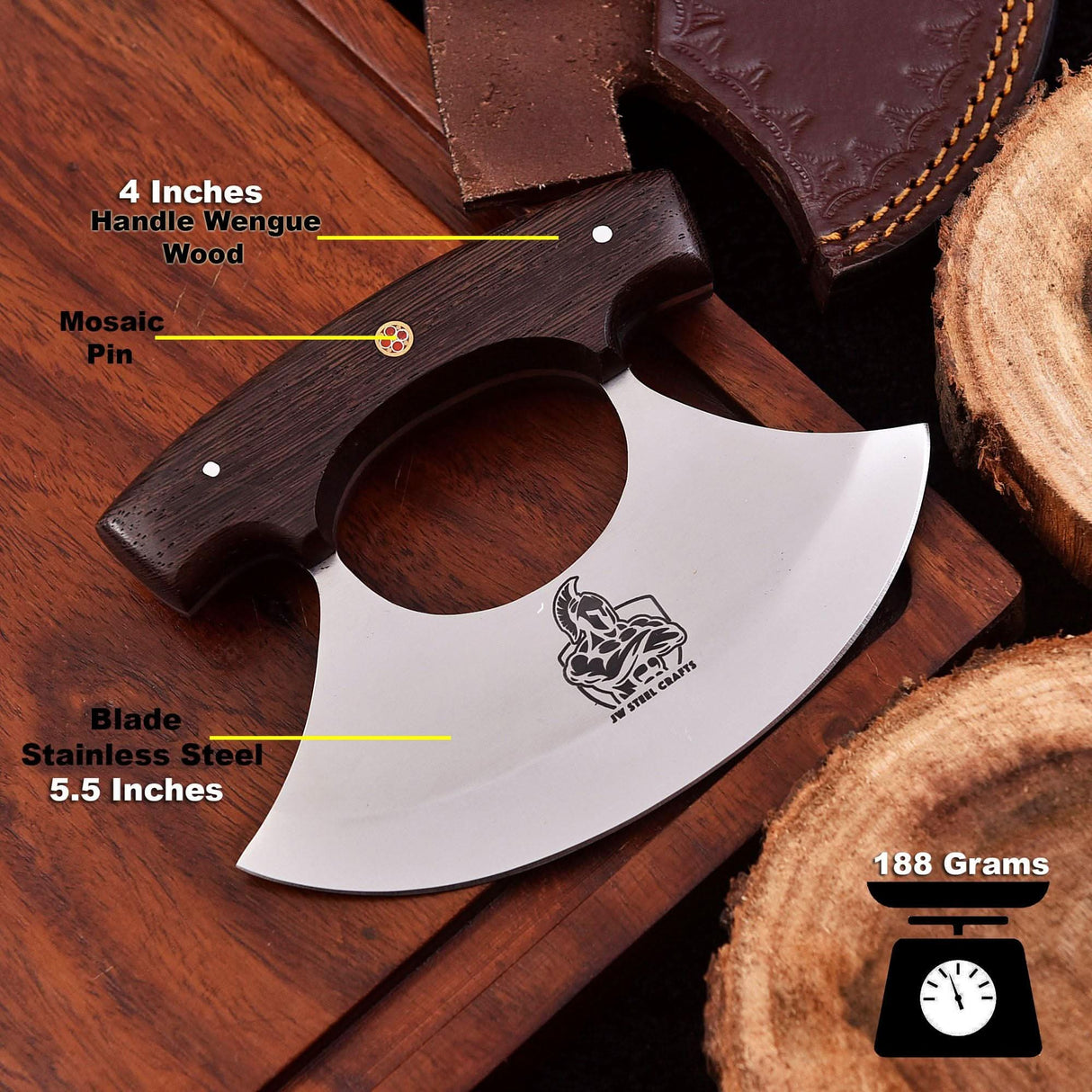 Handmade Stainless Steel Ulu Knife โ Wenge Wood Handle | 5.5โ Blade | Mosaic Pin | JW SteelCrafts