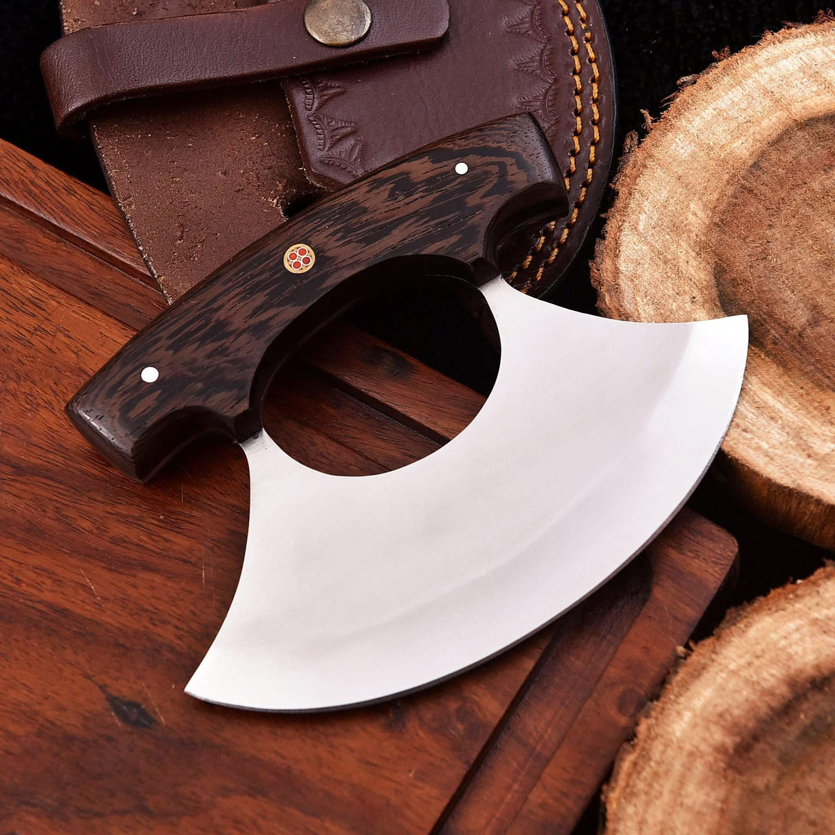 Handmade Stainless Steel Ulu Knife โ Wenge Wood Handle | 5.5โ Blade | Mosaic Pin | JW SteelCrafts