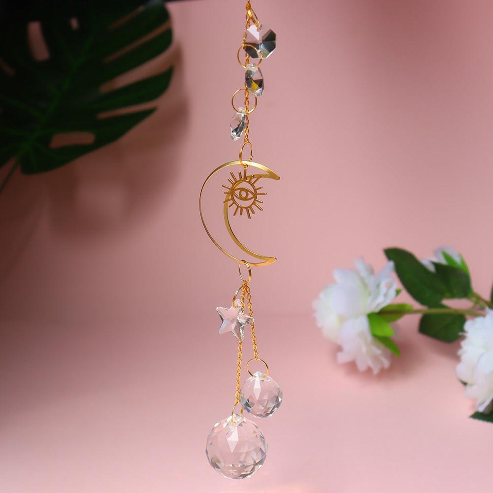 Hanging Sun Catcher Moon Light With Chain Pendant Ornament Crystal Balls Catcher Wind-chime Rainbow Maker Crystal Hanging Window Curtain Chandelier Outdoor Garden Home Decor Christmas Day Party Wedding Decoration