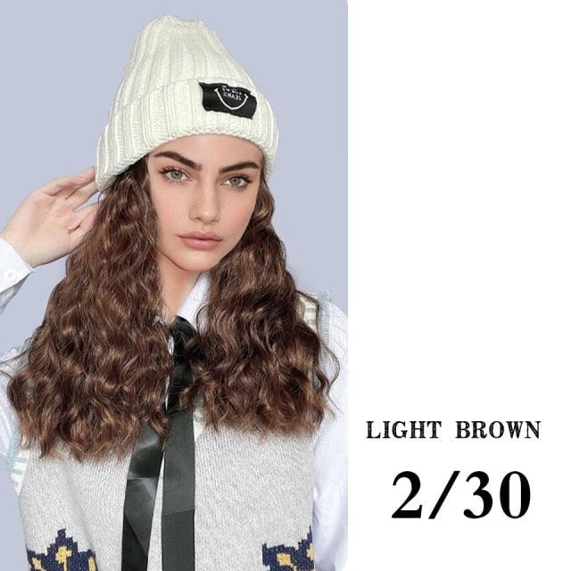 Hat Wig For Women Synthetic Long Wavy Wigs Autumn Winter Fashion Knitted Cap Hair Wig Hair Extensions Wigs For Black Women Cosplay Wigs For Women