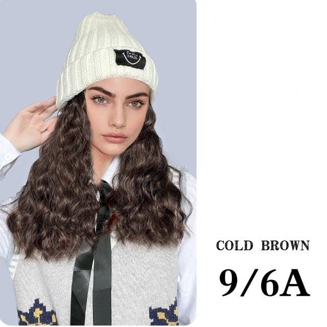 Hat Wig For Women Synthetic Long Wavy Wigs Autumn Winter Fashion Knitted Cap Hair Wig Hair Extensions Wigs For Black Women Cosplay Wigs For Women