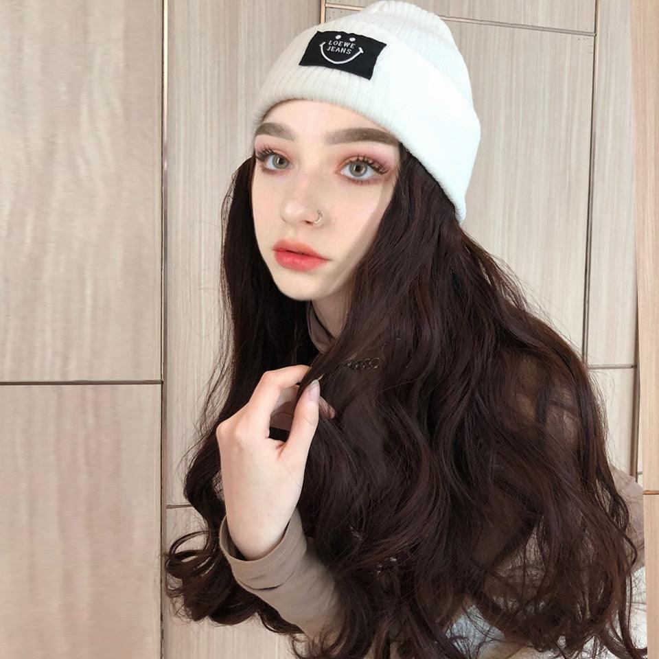 Hat Wig For Women Synthetic Long Wavy Wigs Autumn Winter Fashion Knitted Cap Hair Wig Hair Extensions Wigs For Black Women Cosplay Wigs For Women