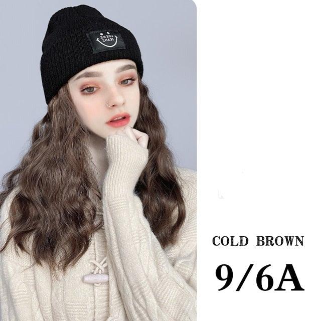 Hat Wig For Women Synthetic Long Wavy Wigs Autumn Winter Fashion Knitted Cap Hair Wig Hair Extensions Wigs For Black Women Cosplay Wigs For Women