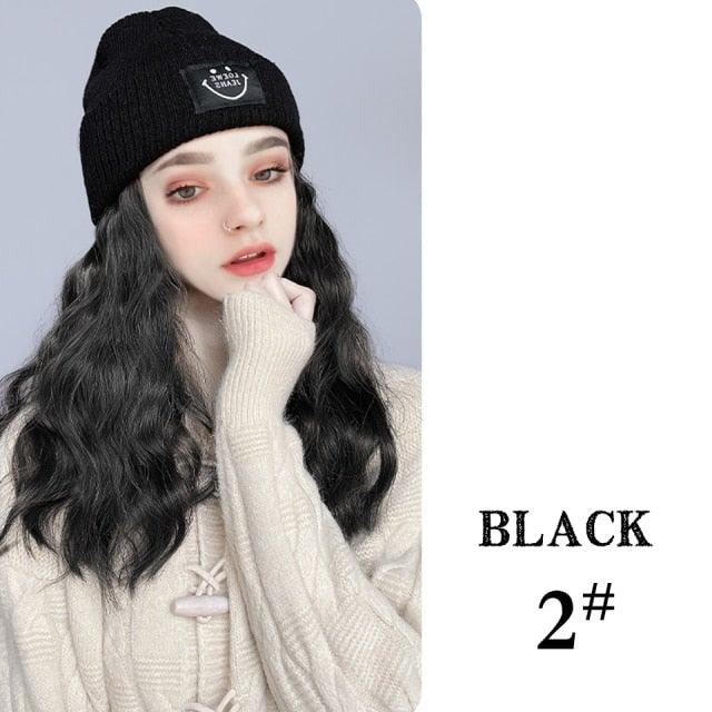 Hat Wig For Women Synthetic Long Wavy Wigs Autumn Winter Fashion Knitted Cap Hair Wig Hair Extensions Wigs For Black Women Cosplay Wigs For Women