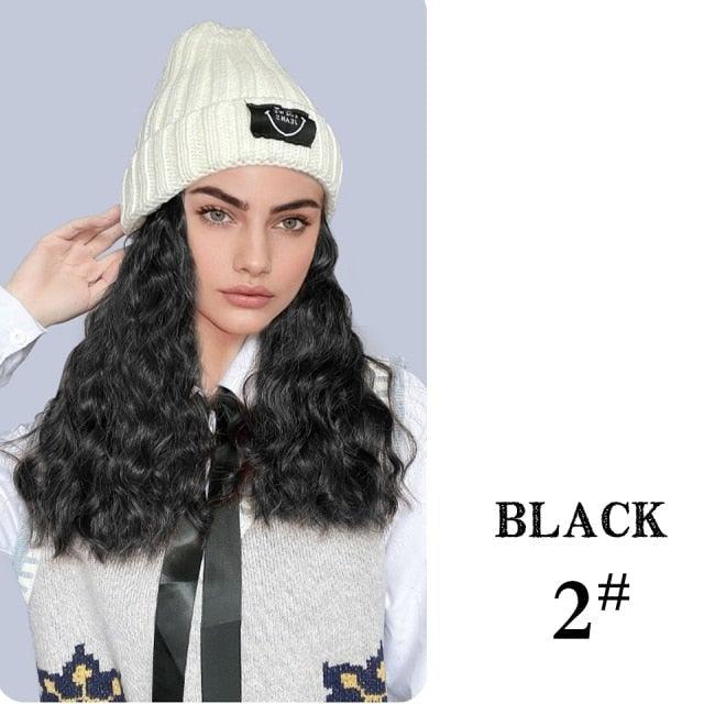 Hat Wig For Women Synthetic Long Wavy Wigs Autumn Winter Fashion Knitted Cap Hair Wig Hair Extensions Wigs For Black Women Cosplay Wigs For Women