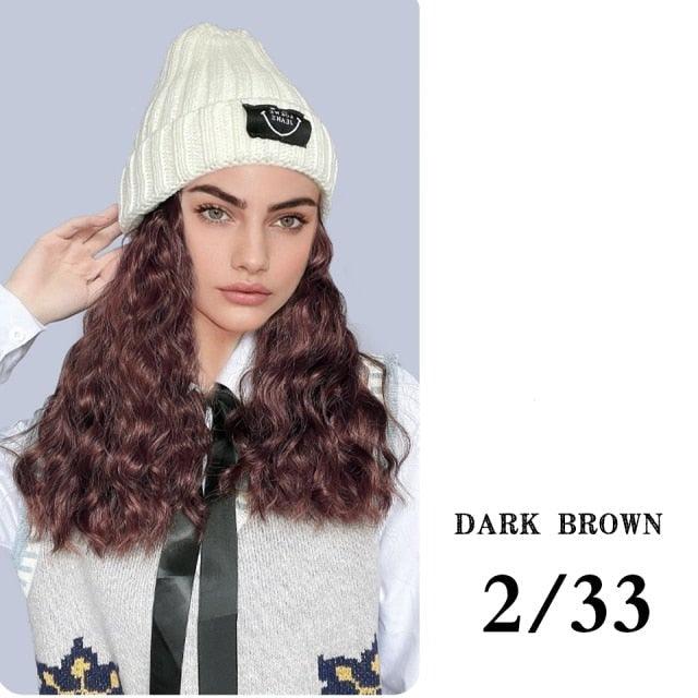Hat Wig For Women Synthetic Long Wavy Wigs Autumn Winter Fashion Knitted Cap Hair Wig Hair Extensions Wigs For Black Women Cosplay Wigs For Women