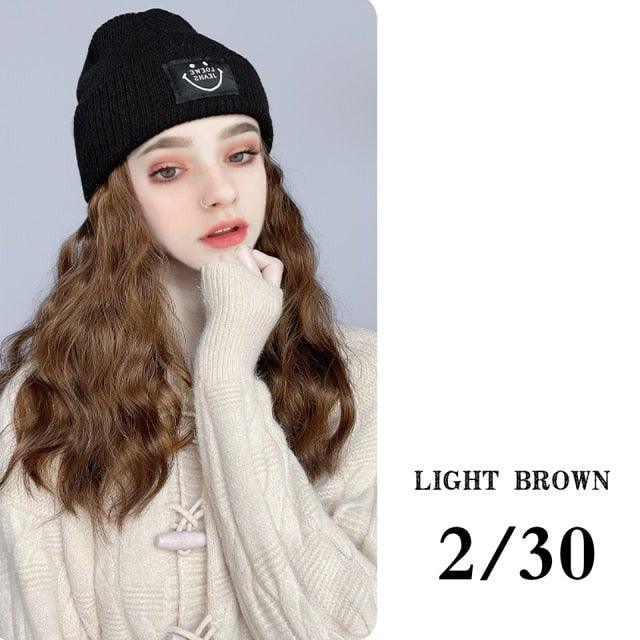 Hat Wig For Women Synthetic Long Wavy Wigs Autumn Winter Fashion Knitted Cap Hair Wig Hair Extensions Wigs For Black Women Cosplay Wigs For Women