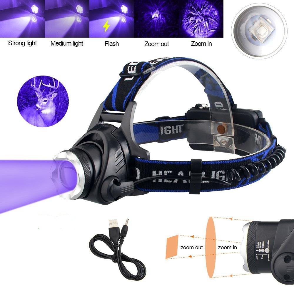 Headlamp Flashlight USB LED Head Rechargeable Light Waterproof Green/Red/UV 395nm Zoomable Headlamp Flashlight Light Outdoor Waterproof Headlight Led Head Lamp 3 Modes Torch For Camping Hiking Fishing