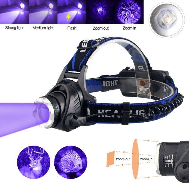 Headlamp Flashlight USB LED Head Rechargeable Light Waterproof Green/Red/UV 395nm Zoomable Headlamp Flashlight Light Outdoor Waterproof Headlight Led Head Lamp 3 Modes Torch For Camping Hiking Fishing