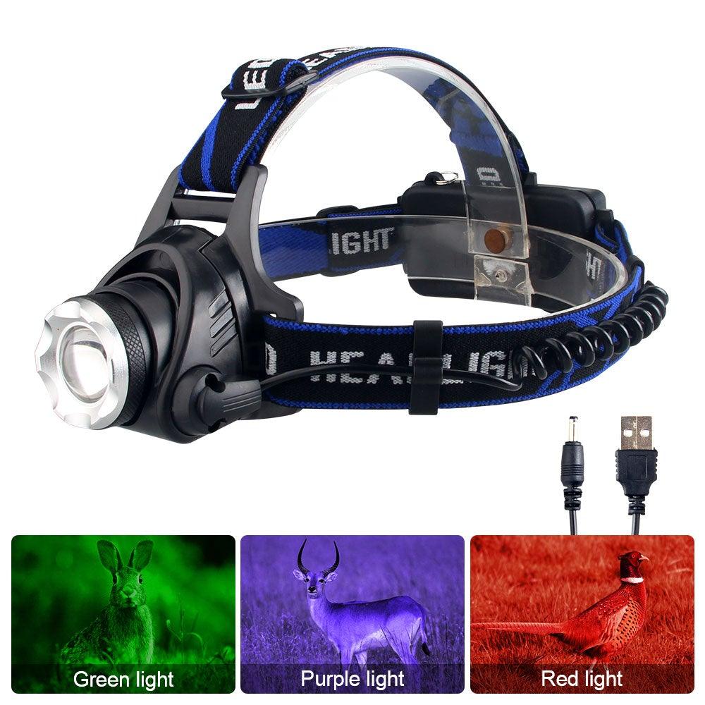 Headlamp Flashlight USB LED Head Rechargeable Light Waterproof Green/Red/UV 395nm Zoomable Headlamp Flashlight Light Outdoor Waterproof Headlight Led Head Lamp 3 Modes Torch For Camping Hiking Fishing