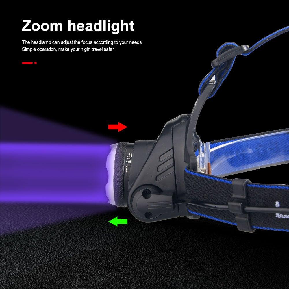Headlamp Flashlight USB LED Head Rechargeable Light Waterproof Green/Red/UV 395nm Zoomable Headlamp Flashlight Light Outdoor Waterproof Headlight Led Head Lamp 3 Modes Torch For Camping Hiking Fishing