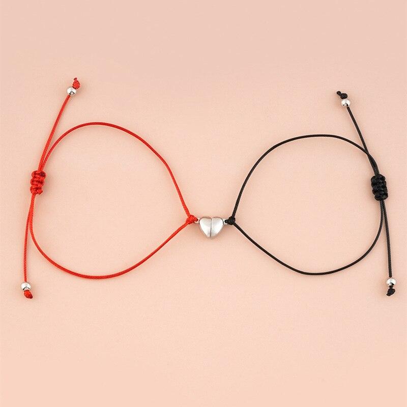 Heart Shaped Magnet Couple Bracelet Adjustable Black Red Rope Hand Bracelet Classic Men Women First Day Of School Bracelets For Mom Daughter Cutout Heart Bracelets Mother’s Day Valentine’s day Jewelry Gifts
