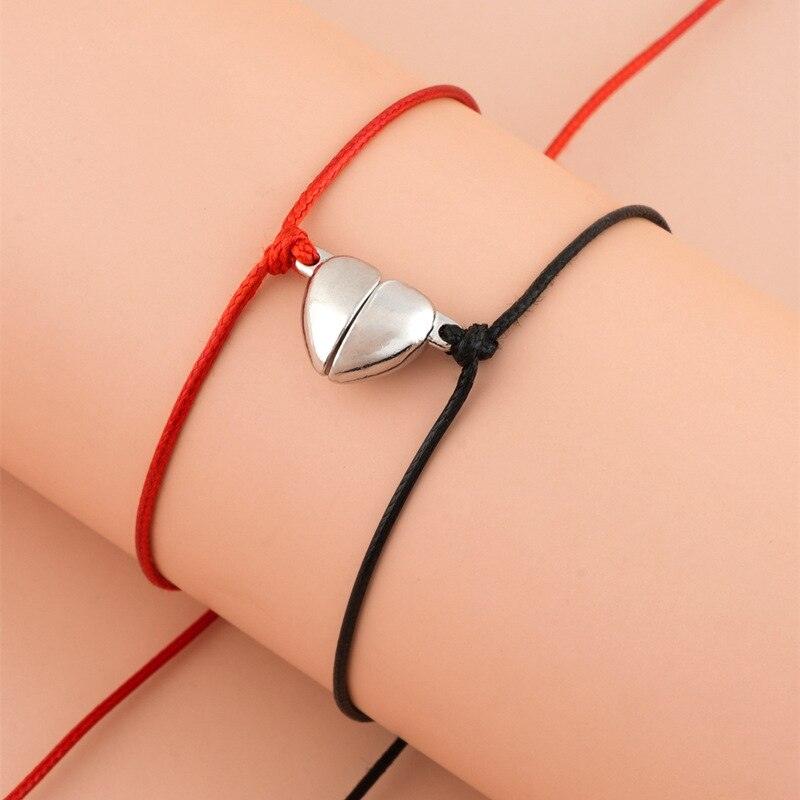 Heart Shaped Magnet Couple Bracelet Adjustable Black Red Rope Hand Bracelet Classic Men Women First Day Of School Bracelets For Mom Daughter Cutout Heart Bracelets Mother’s Day Valentine’s day Jewelry Gifts