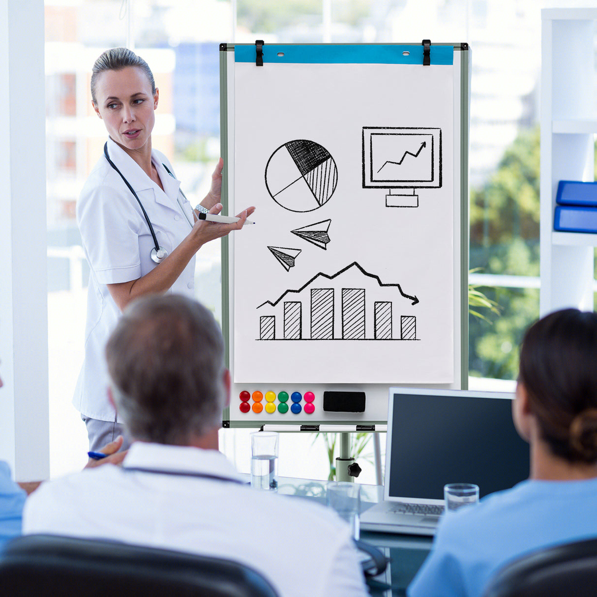 Height-Adjustable Mobile Whiteboard with Round Stand Paper Clips-Green
