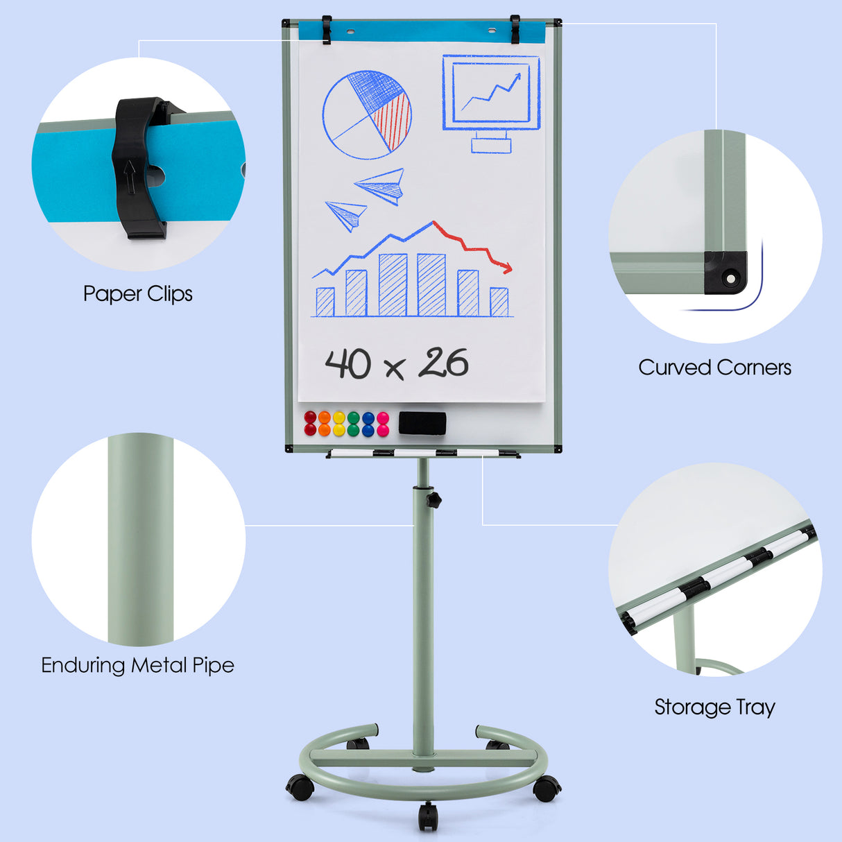 Height-Adjustable Mobile Whiteboard with Round Stand Paper Clips-Green