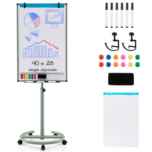 Height-Adjustable Mobile Whiteboard with Round Stand Paper Clips-Green