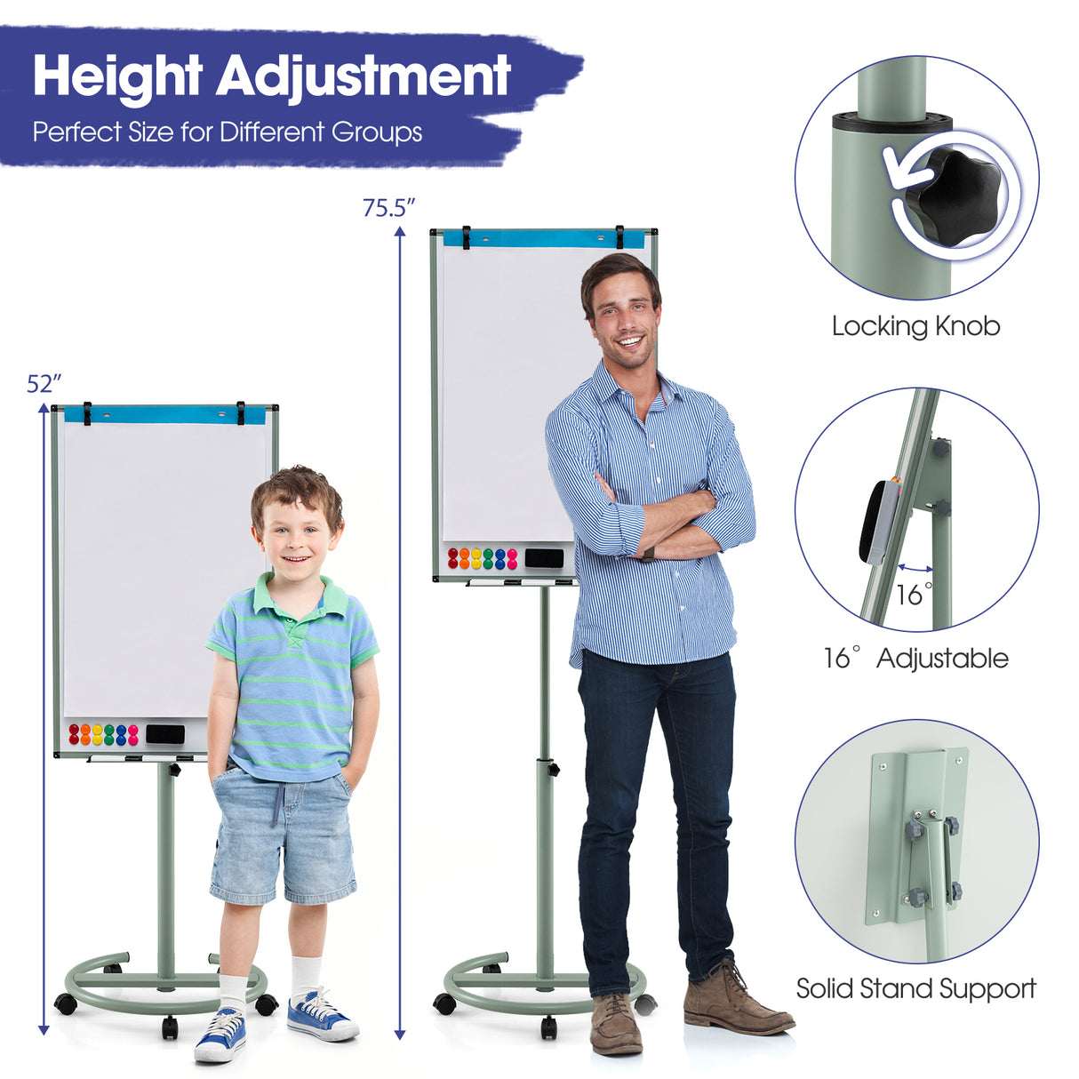 Height-Adjustable Mobile Whiteboard with Round Stand Paper Clips-Green