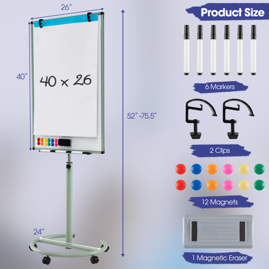 Height-Adjustable Mobile Whiteboard with Round Stand Paper Clips-Green