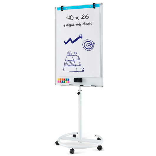 Height-Adjustable Mobile Whiteboard with Round Stand Paper Clips-White