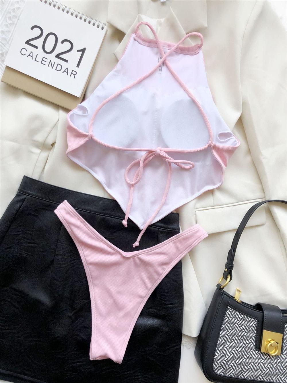 High Neck Swimwear Women Bikini Tied Top Swimsuit Female Brazilian Bikini Set Bathing Suit Swim Women's Bikini Set High Waist Scoop Collar Padded Swimsuit