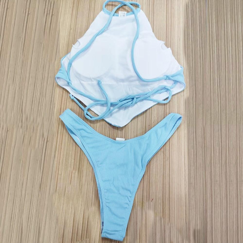 High Neck Swimwear Women Bikini Tied Top Swimsuit Female Brazilian Bikini Set Bathing Suit Swim Women's Bikini Set High Waist Scoop Collar Padded Swimsuit