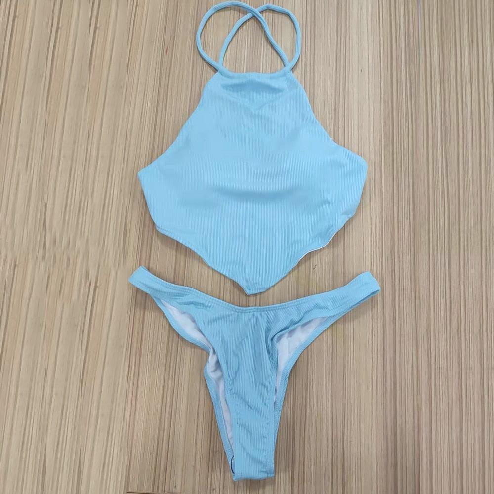 High Neck Swimwear Women Bikini Tied Top Swimsuit Female Brazilian Bikini Set Bathing Suit Swim Women's Bikini Set High Waist Scoop Collar Padded Swimsuit