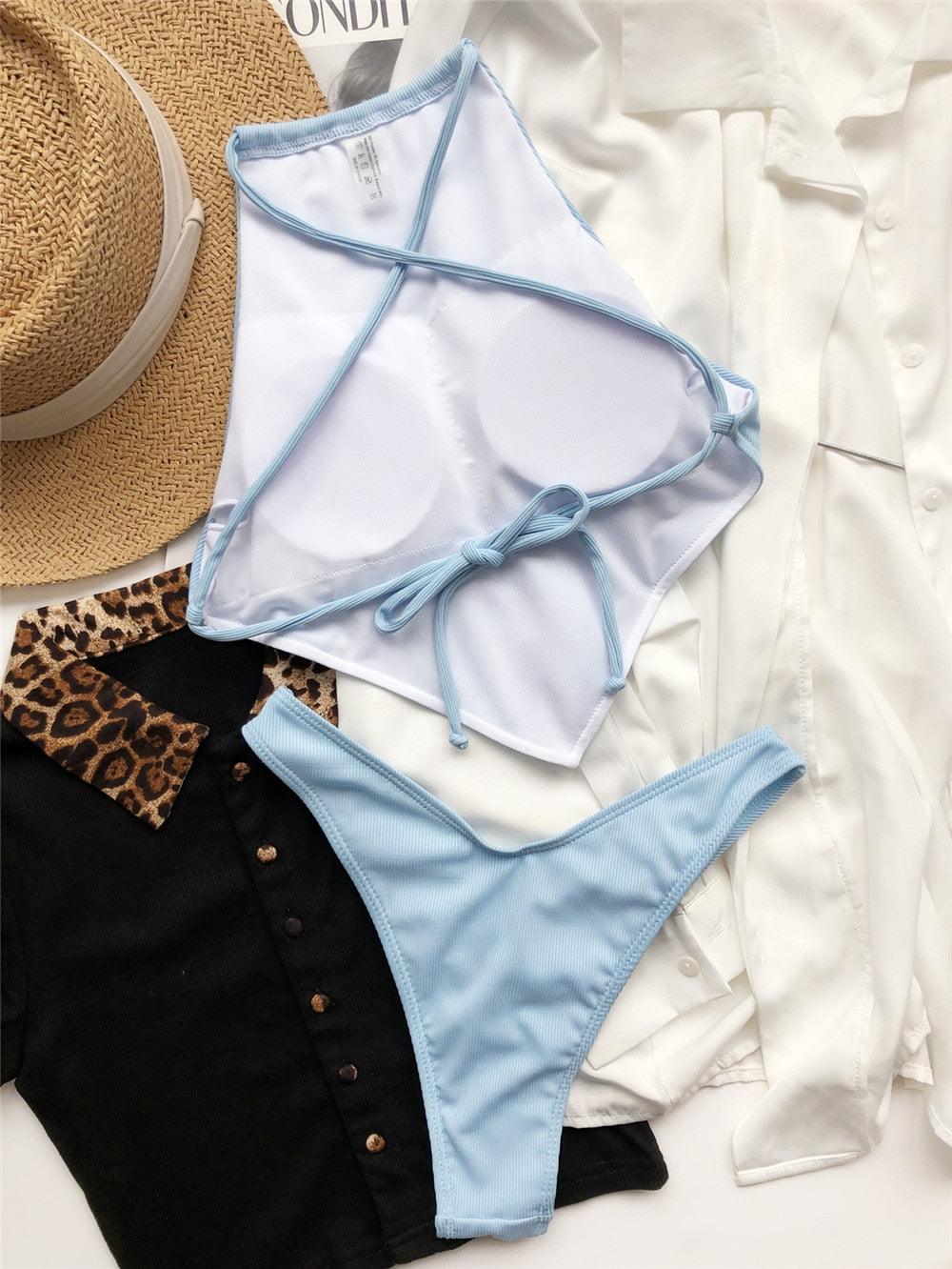 High Neck Swimwear Women Bikini Tied Top Swimsuit Female Brazilian Bikini Set Bathing Suit Swim Women's Bikini Set High Waist Scoop Collar Padded Swimsuit