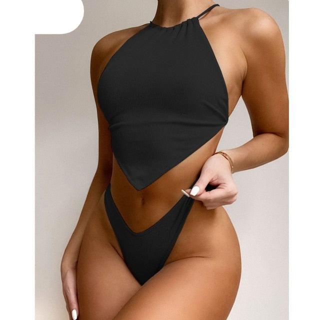 High Neck Swimwear Women Bikini Tied Top Swimsuit Female Brazilian Bikini Set Bathing Suit Swim Women's Bikini Set High Waist Scoop Collar Padded Swimsuit