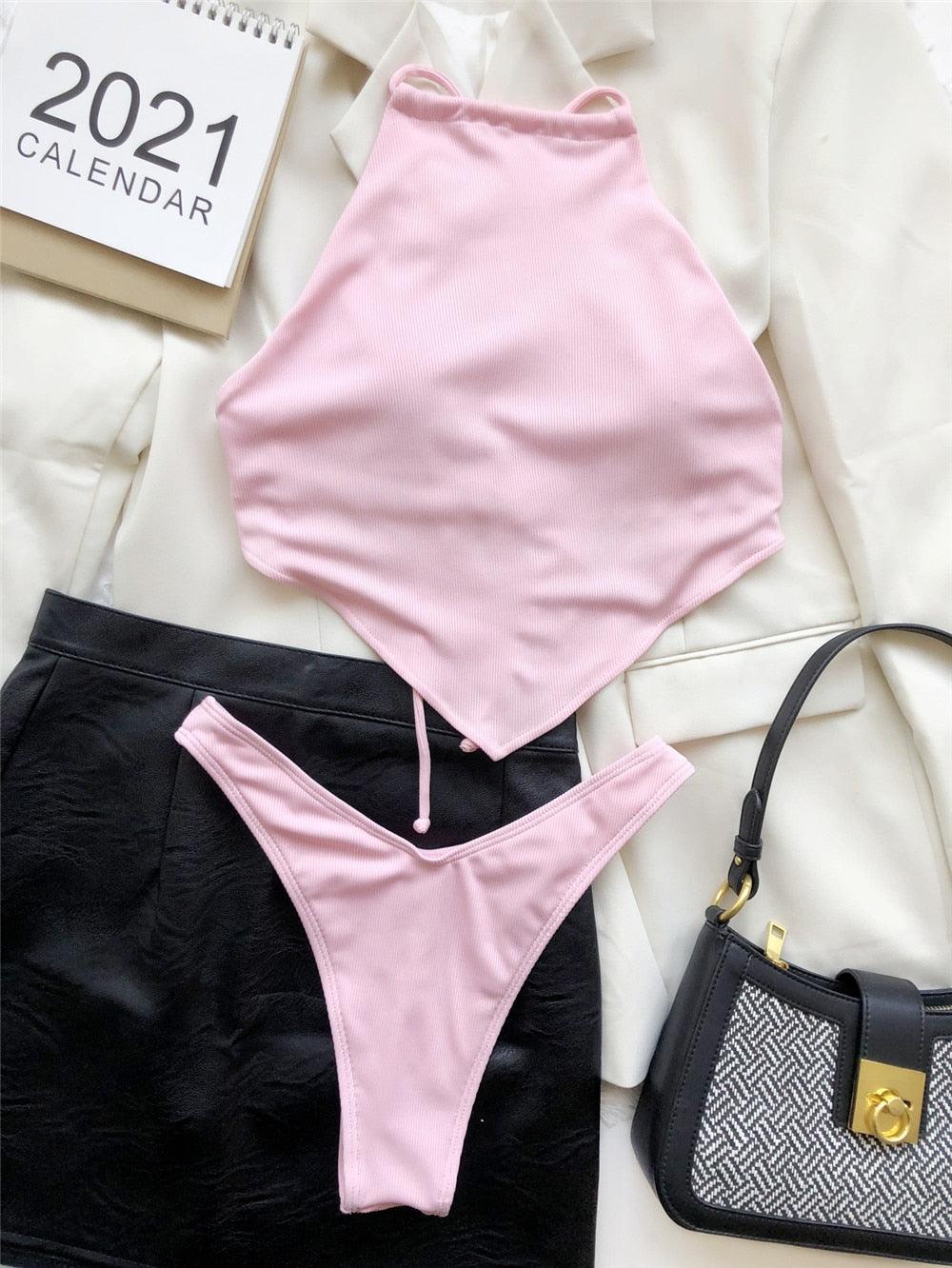 High Neck Swimwear Women Bikini Tied Top Swimsuit Female Brazilian Bikini Set Bathing Suit Swim Women's Bikini Set High Waist Scoop Collar Padded Swimsuit