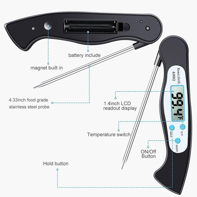 High Quality Foldable Food Thermometer Probe Digital BBQ Meat Kitchen Thermometer Instant Read Meat Thermometer With 4.6” Folding Probe Backlight & Calibration Function For Cooking Food Candy BBQ Grill Liquids Beef Liquid Water Oil Temperature Gauge