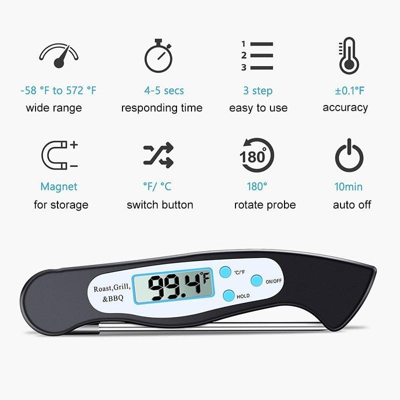 High Quality Foldable Food Thermometer Probe Digital BBQ Meat Kitchen Thermometer Instant Read Meat Thermometer With 4.6” Folding Probe Backlight & Calibration Function For Cooking Food Candy BBQ Grill Liquids Beef Liquid Water Oil Temperature Gauge
