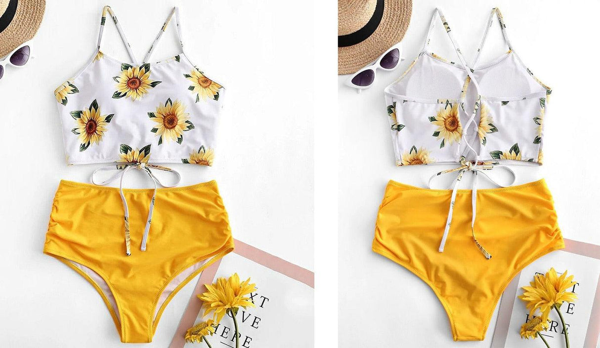High Waist Bikini Sunflower Swimsuit Women Bikini Floral Swimsuit Floral Crop Tie Knot Front High Waist Bikini Set Two Piece Swimsuit For Women Summer High Waisted Bathing Suit