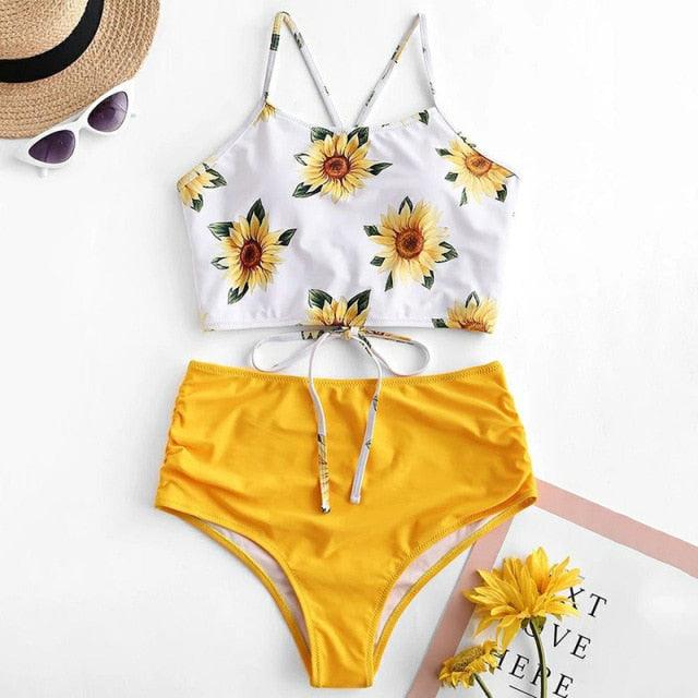 High Waist Bikini Sunflower Swimsuit Women Bikini Floral Swimsuit Floral Crop Tie Knot Front High Waist Bikini Set Two Piece Swimsuit For Women Summer High Waisted Bathing Suit