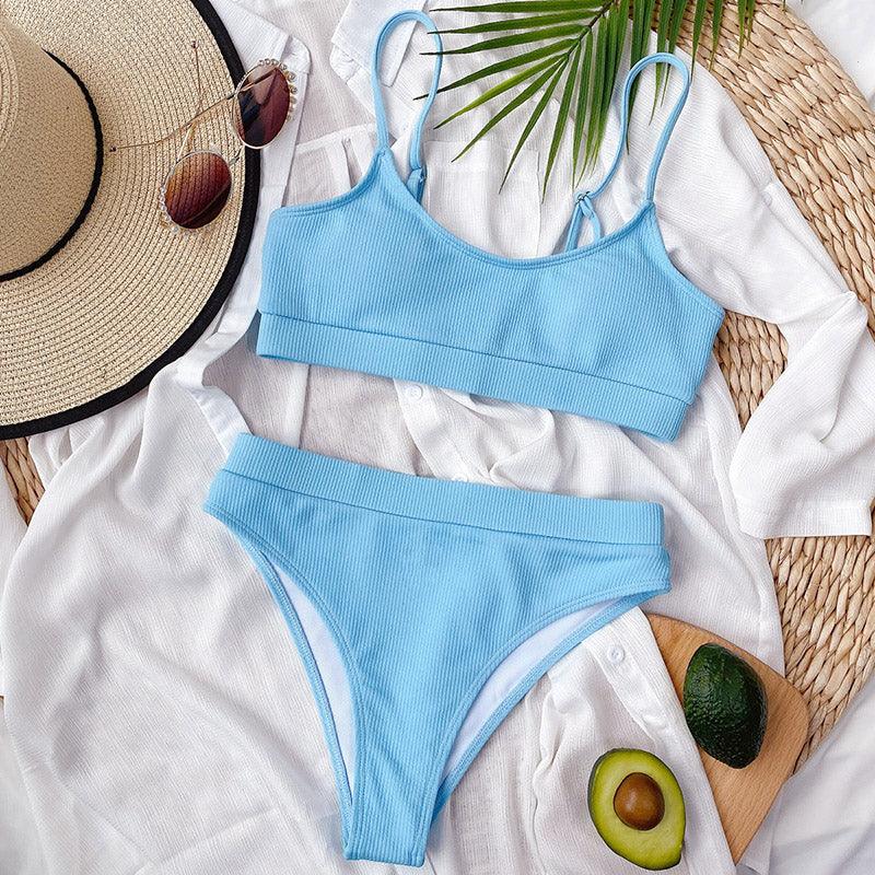 High Waist Bikini Swimsuits Women Push Up Swimwear Ribbed Bathing Suit Strap Bikinis Set Beachwear High Waist Bathing Suit Full Coverage Two Piece Swimsuit