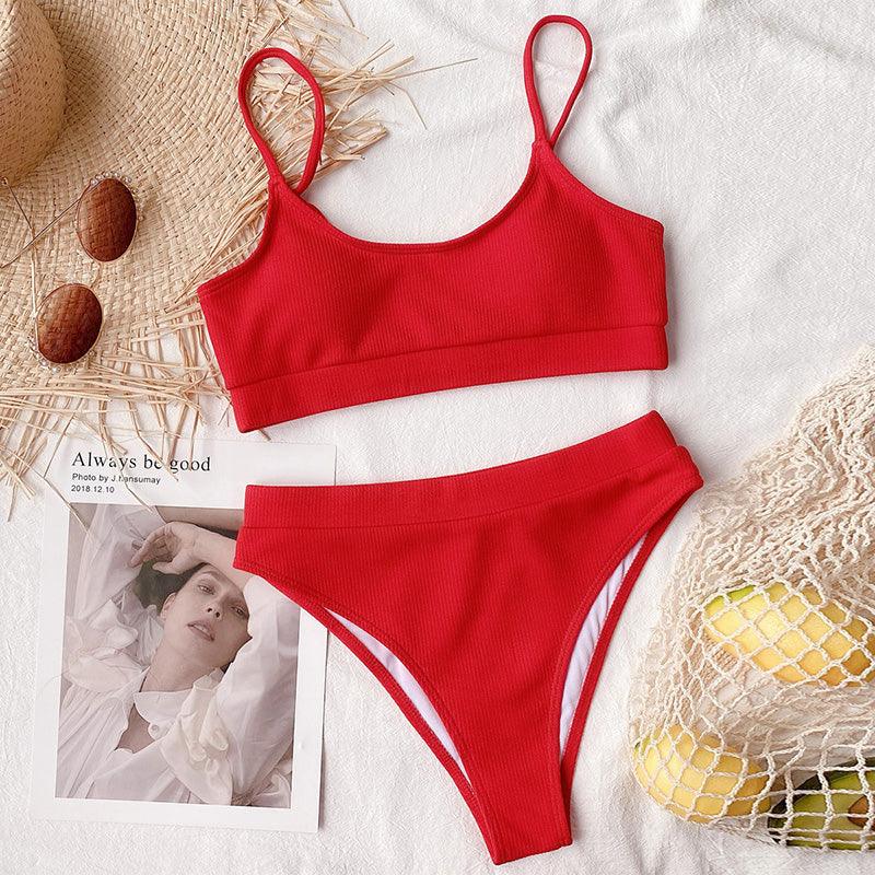 High Waist Bikini Swimsuits Women Push Up Swimwear Ribbed Bathing Suit Strap Bikinis Set Beachwear High Waist Bathing Suit Full Coverage Two Piece Swimsuit