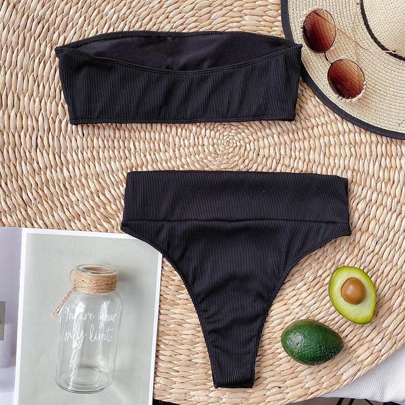 High Waist Bikinis Swimsuits Swimwear Women Black Strapless High Cut Bathing Suit Women Beachwear Women's Scoop Neck Cut Out Front Lace Up Back High Cut One Piece Swimsuit