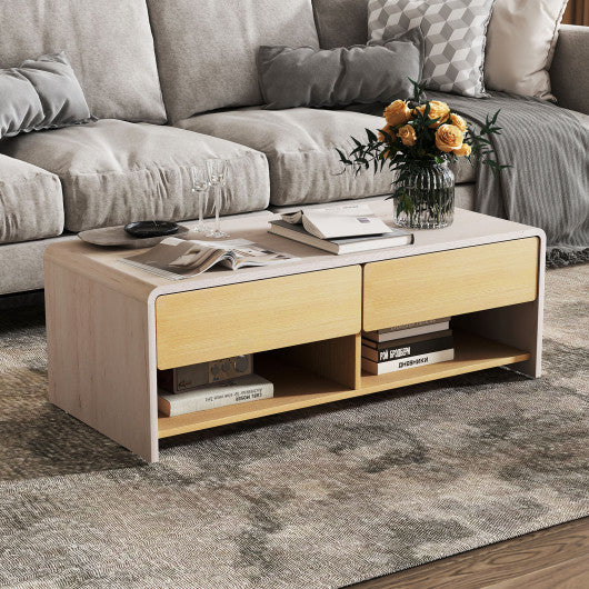 Home Coffee Table with 2 Drawers and 2 Storage Shelf-White & Natural