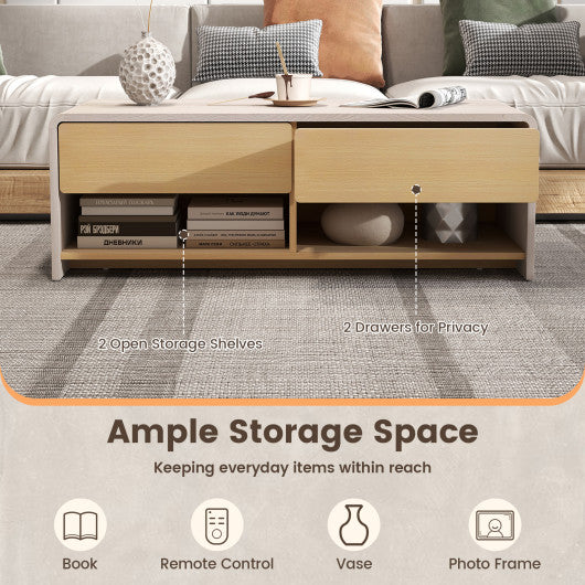 Home Coffee Table with 2 Drawers and 2 Storage Shelf-White & Natural
