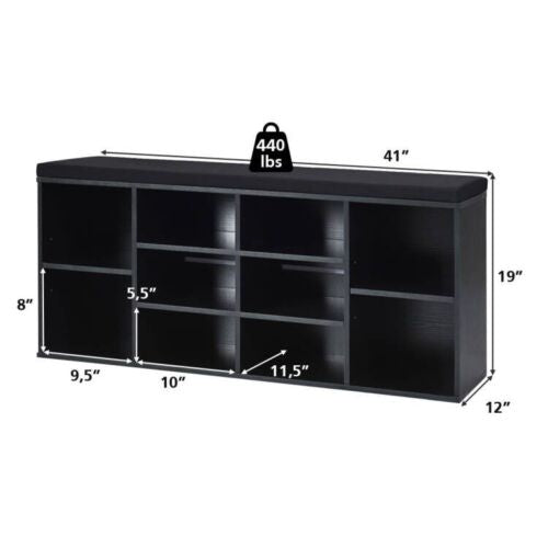 10-Cube Organizer Shoe Storage Bench with Cushion for Entryway-Black by DirectDeals