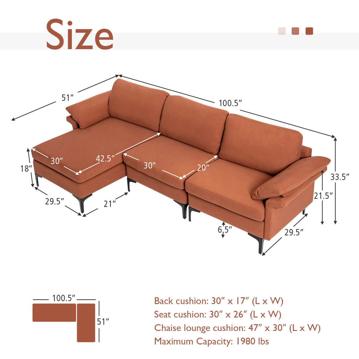 Extra Large Modular L-shaped Sectional Sofa with Reversible Chaise for 4-5 People-Gray