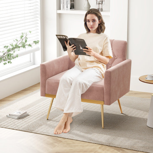 Modern Velvet Accent Chair with Button Tufted Back Golden Metal Legs and Adjustable Foot Pads-Pink