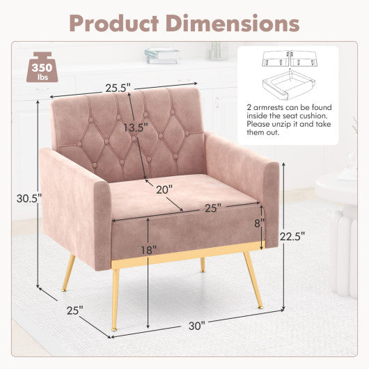Modern Velvet Accent Chair with Button Tufted Back Golden Metal Legs and Adjustable Foot Pads-Pink